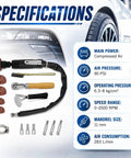 Heavy Duty Tire Patch Tools Kit With 2500 RPM Air Buffer Inner Liner Scraper Tungsten Steel Buffing Wheels on specifications diagram