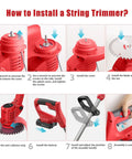 Installation steps for Cordless Weed Eater With Dual 2.0Ah Batteries, 11,000 RPM Power Trimmer, showing parts and tools.