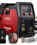 Six In One MIG Welder 205A 120V 240V With APP Control for Home DIYers and Shop Projects, showing controls and attachments.