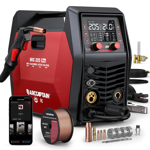 Six In One MIG Welder 205A 120V 240V With APP Control for Home DIYers and Shop Projects, showing controls and attachments.