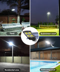 800W Dusk To Dawn Solar Street Light With 792 LED Beads, 60000 Lumens Of Hella Bright Output in various outdoor settings