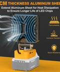 5cm thick aluminum shell of Cordless LED Work Light 11200 Lumens 112W with heat dissipation shown on Dewalt 20V battery