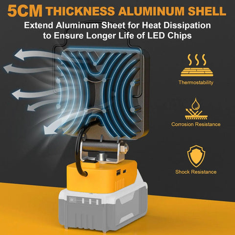 5cm thick aluminum shell of Cordless LED Work Light 11200 Lumens 112W with heat dissipation shown on Dewalt 20V battery