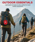 Small first aid kit attached to a hiking backpack; red compact case.
