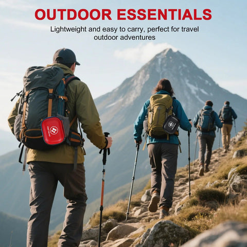 Small first aid kit attached to a hiking backpack; red compact case.