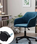 Four Pack 1.5 Inch Universal Caster Wheels With Brakes for office chairs shown with a blue chair in a home office setting.