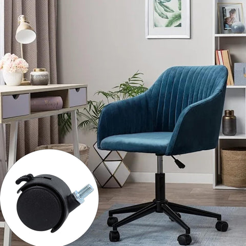 Four Pack 1.5 Inch Universal Caster Wheels With Brakes for office chairs shown with a blue chair in a home office setting.