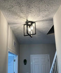 Vintage Square Black Ceiling Light Fixture 3 Light Industrial Farmhouse Modern Geometric Metal Ceiling Lamp With Retro Vibe installed in hallway