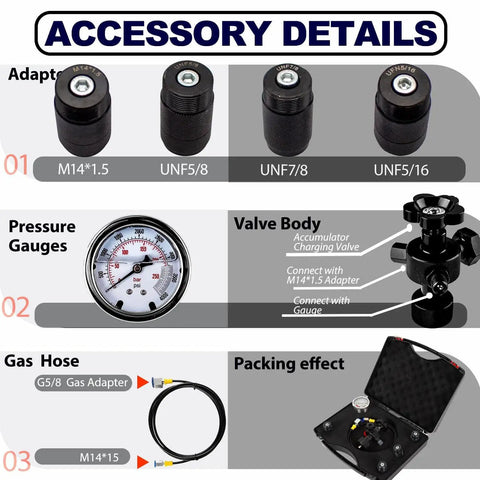 Nitrogen Charging Kit For Hydraulic Accumulators With Gauges, Nitro Pressure Test Tool, Gas Charging System For Hydraulics, Universal Accessory Set For Different Tank Interfaces, Flexible High Accuracy Performance