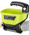 18V Battery Powered Grass Seed And Salt Spreader For Ryobi Tools, 3.7L hopper, handheld, showing seeds being dispensed