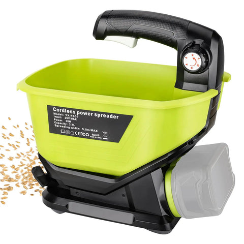 18V Battery Powered Grass Seed And Salt Spreader For Ryobi Tools, 3.7L hopper, handheld, showing seeds being dispensed