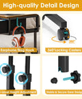 Rolling Height Adjustable Standing Desk On Wheels With Two Fabric Drawers and Storage showing hooks, casters, and height adjusters
