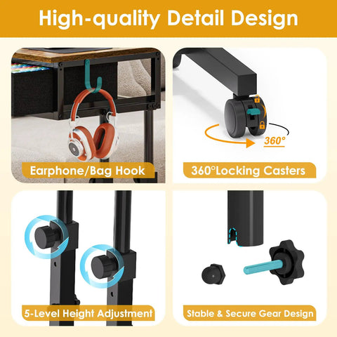 Rolling Height Adjustable Standing Desk On Wheels With Two Fabric Drawers and Storage showing hooks, casters, and height adjusters