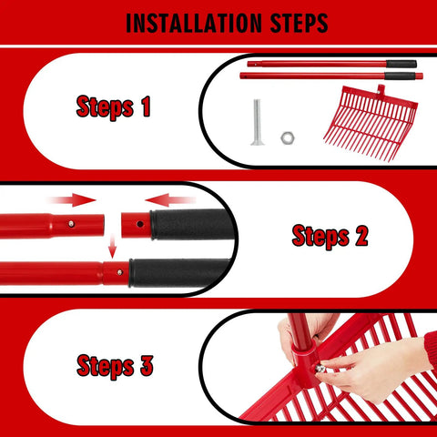 Step-by-step assembly of 3 Pack Manure Forks With Long Metal Handles Heavy Duty Muck Rake For Gardening And Farm Clean Up Horse Stall Bedding