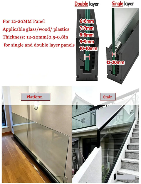 Adjustable Aluminum Glass Spigot Kit Built Tough For Decks And Pools installed on a platform and stair, showcasing glass panel support.