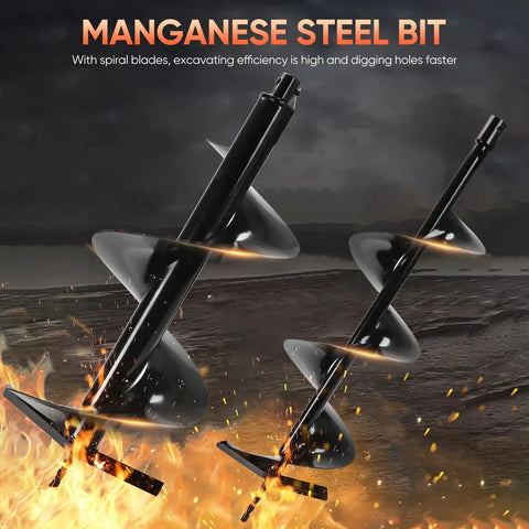 Gas Powered 72cc Post Hole Digger With Two Stroke Engine featuring manganese steel auger bits for heavy duty digging tasks