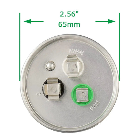 Top view: 50 5uF Dual Run Capacitor CBB65 370V 440V For Air Conditioners, round MFD, 65mm diameter terminals visible.