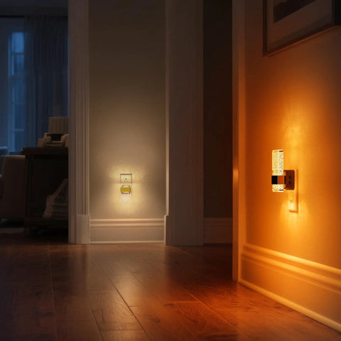 Plug In Night Lights 4 Pack With Dusk To Dawn Sensor Kid Friendly 8 Color RGB LED Color Changing Night Light illuminating hallway