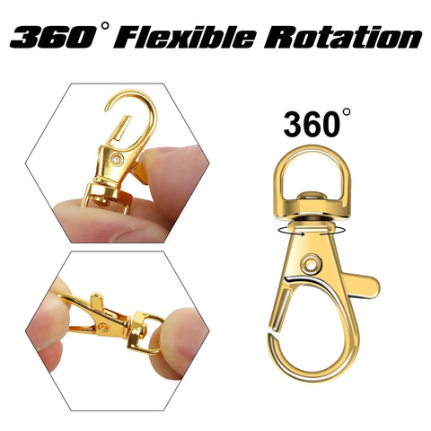 Premium Hella Tough Gold Swivel Snap Hooks With Key Rings 60 Piece Pack, showcasing flexible 360-degree rotation and zinc alloy material.