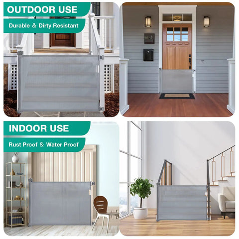 Retractable Baby Gate For Stairs Extra Wide Kid Safe Gate Extends To 72 Inches Wide And 34 Inches Tall Mesh For Doorways And Hallways Indoor Outdoor Grey For Everyday Use shown in various indoor and outdoor settings