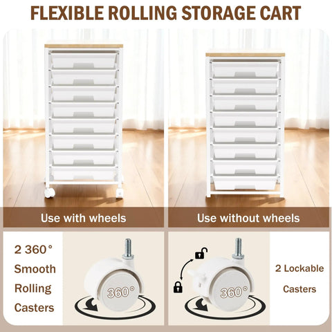 Rolling Cart With Eight Drawers Wooden Tabletop Storage Cart On Lockable Wheels For Craft Room Office Living Room Classroom