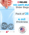 4x6 Inch Reclosable Anti Corrosion Vapor Inhibitor Bags Pack Of 25 Heavy Duty 4 Mil Waterproof Rustproof Storage For Metal Parts Electronics Machinery Automotive Components Jewelry blue slider bag with gears