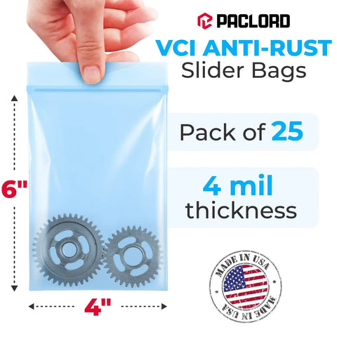4x6 Inch Reclosable Anti Corrosion Vapor Inhibitor Bags Pack Of 25 Heavy Duty 4 Mil Waterproof Rustproof Storage For Metal Parts Electronics Machinery Automotive Components Jewelry blue slider bag with gears
