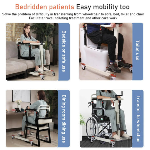 Heavy Duty Patient Lift Transfer Chair With Easy Hand Crank For Smooth Bed To Wheelchair Moves in use for toilet and dining.