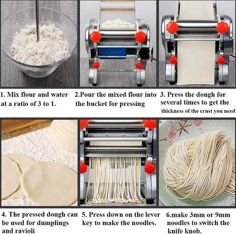 Kick Up Your Pasta Game With This Electric Noodle Machine Cranking Out Homemade Spaghetti And Fresh Dough In Seconds Dual Cutting Blades Smooth Roller Included For Quick Family Dinner Prep - Step-by-step guide showing pasta making process and noodle machine features.