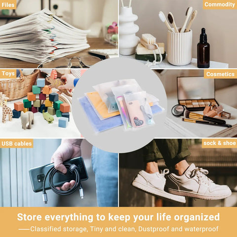 Bulk Pack 100 Count 10 By 13 Inch Frosted Zipper Plastic Bags For Clothing With Vent Holes Reclosable Clear Apparel Bags featured for storage use with toys, cosmetics, shoes, files, USB cables.