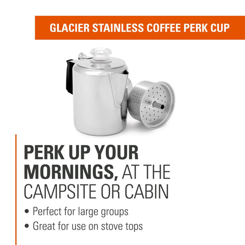3 Cup Percolator Coffee Pot In Glacier Stainless Steel With Silicone Handle For Camping, Backpacking, Travel, RV And Hunting Trips Stove Safe Brew Maker with filter shown
