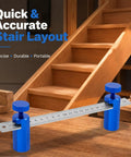 Stair Gauge Set For Framing Square With Holder For Circular Saw Guide And Carpentry Tools Hexagonal Lock And Hook Keeps Wood At A Perfect 90 Degree Angle So You Can Lock It In Fast And Reproduce Clean Right Angles Every Time. Blue aluminum stair layout gauge on framing square with wooden stairs
