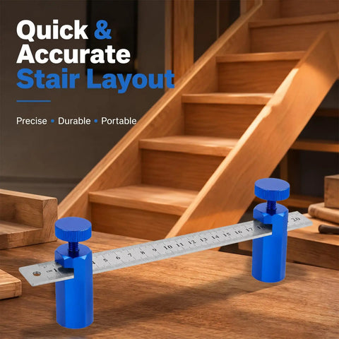 Stair Gauge Set For Framing Square With Holder For Circular Saw Guide And Carpentry Tools Hexagonal Lock And Hook Keeps Wood At A Perfect 90 Degree Angle So You Can Lock It In Fast And Reproduce Clean Right Angles Every Time. Blue aluminum stair layout gauge on framing square with wooden stairs
