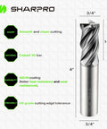 Front view of SHAPPRO carbide square-end end mill, 3/4-inch shank, 4-flute CNC cutter