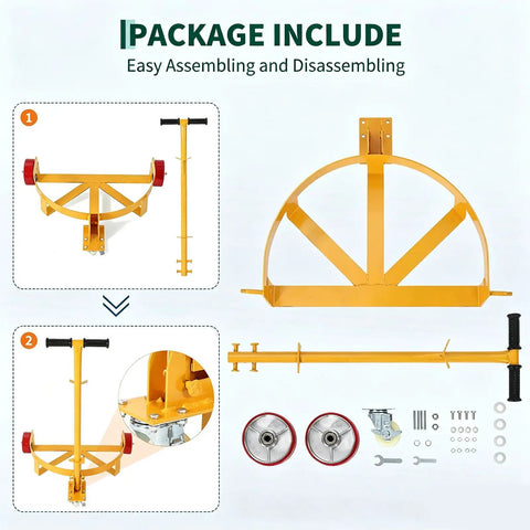 Heavy Duty Steel Drum Dolly Cart For 55 Gallon Oil Barrels With Cushioned Handle parts and assembly guide, yellow steel, 1200 lbs capacity.