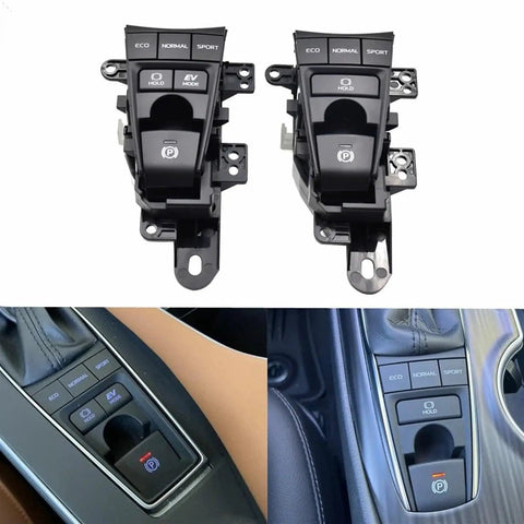 Heavy Duty Parking Brake Switch With Eco Ev Mode Plug And Play Replacement For Toyota Camry And Avalon Xv70 Sport Models 2018 To 2021 showing two views with buttons.