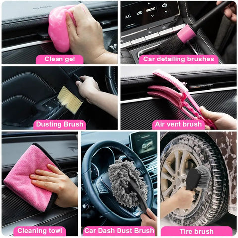 Cordless Car Vacuum Cleaner 8000Pa Powerful Suction, 17-Piece Kit with pink car detailing tools in use