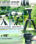 Heavy Duty Tripod Leveling Base Camera Leveler Featuring Arca Swiss Half Ball Mount For A Smooth 15 Degree Quick Tilt and Seamless 360 Spin So You Stay Locked In On Perfect Horizons Every Single Time with tilt adjustment in use.