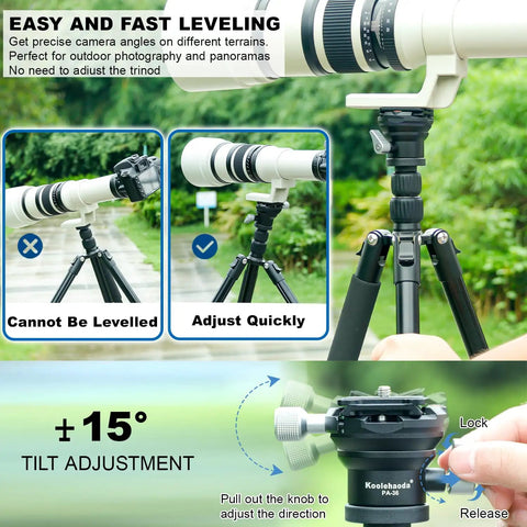 Heavy Duty Tripod Leveling Base Camera Leveler Featuring Arca Swiss Half Ball Mount For A Smooth 15 Degree Quick Tilt and Seamless 360 Spin So You Stay Locked In On Perfect Horizons Every Single Time with tilt adjustment in use.