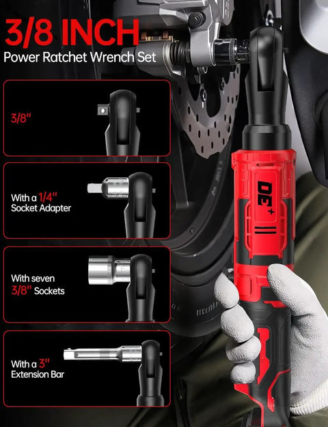 3/8 Inch Cordless Ratchet Wrench Workhorse With 88 Foot Pounds Torque, 0 To 400 RPM, in use with socket adapter and extension bar