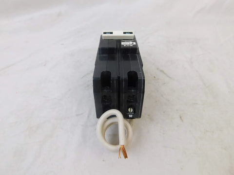 Type GFCB Circuit Breaker 120/240 VAC 60 Amp 2-Pole With Ground Fault Protection, front view with attached wires.