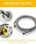 4 Ft Steam Dryer Hose Installation Kit with 90 Degree Space Saver Elbow, 1 Ft Inlet Adapter, Brass Y Connector shown in stainless steel.