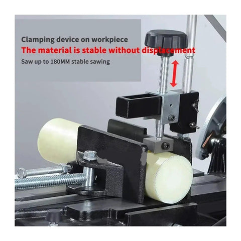 Clamping device on Pro Grade 250W Portable Cordless Band Saw for stable cuts on wood and metal.