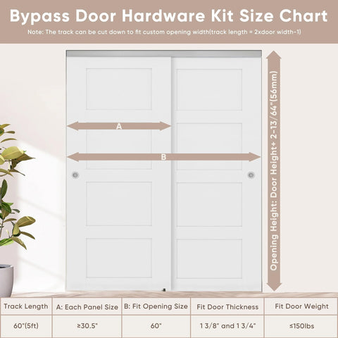 Size chart of Aluminum Bypass Sliding Closet Door Hardware Set For Two Panels With Finger Pull 60 Inch Track Smooth Quiet Operation