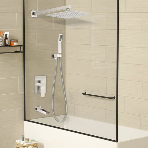 Shower Faucet Set With Waterfall Tub Spout And Rainfall Head Wall Mounted 10 Inch Rain Shower System With Trim Kit And Rough In Valve