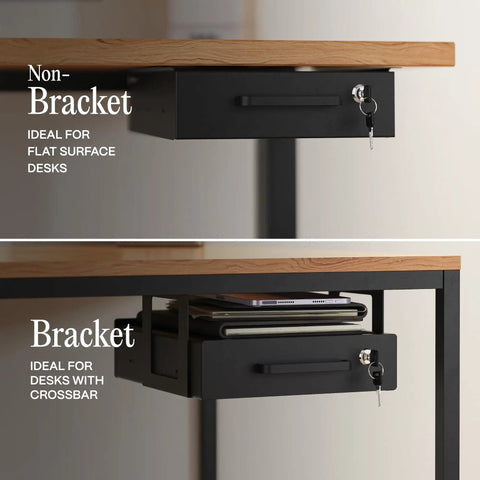 No Fuss Under Desk Slide Out Drawer With Lockable Metal Organizer And Smart Cable Routing For Clean Home Office Setup Matte Black Heavy Duty Carbon Steel Console mounted under a desk.