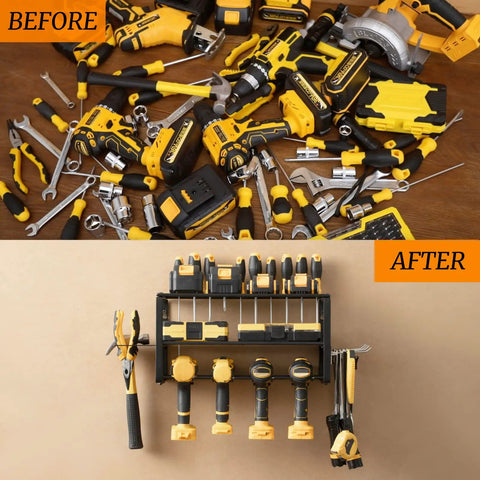 Power Tool Organizer Heavy Duty Alloy Steel Garage Rack For Cordless Drill Holder And Tool Storage On Pegboard Wall Mount Space Saver And Easy Assembly For Home Shop Fathers Day Gift showcasing organized tool storage before and after