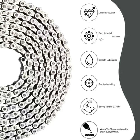 Heavy Duty E Bike Chain For 6 7 8 Speed 136 Links High Tensile Strength Anti Break Rust Proof Corrosion Resistant Replacement Drive Chain For Electric Mountain Bikes And Mid Drive E Bikes with durability and installation icons