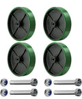 Heavy Duty Cast Iron Caster Wheels With Polyurethane Tread And Half Inch Bore Roller Bearing set of four in green with steel hardware.