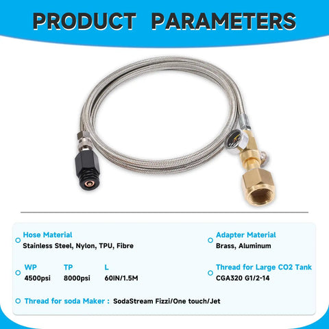 Universal CO2 Tank Adapter For Soda Makers With 60 Inch Stainless Steel Hose Pressure Gauge And Exhaust Valve